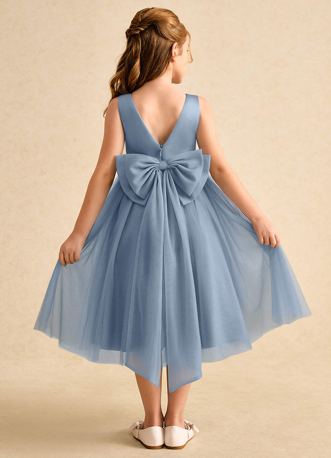 Azazie Winnie Flower Girl Dresses Dusty Blue Ball-Gown Bow Tulle Dress image1