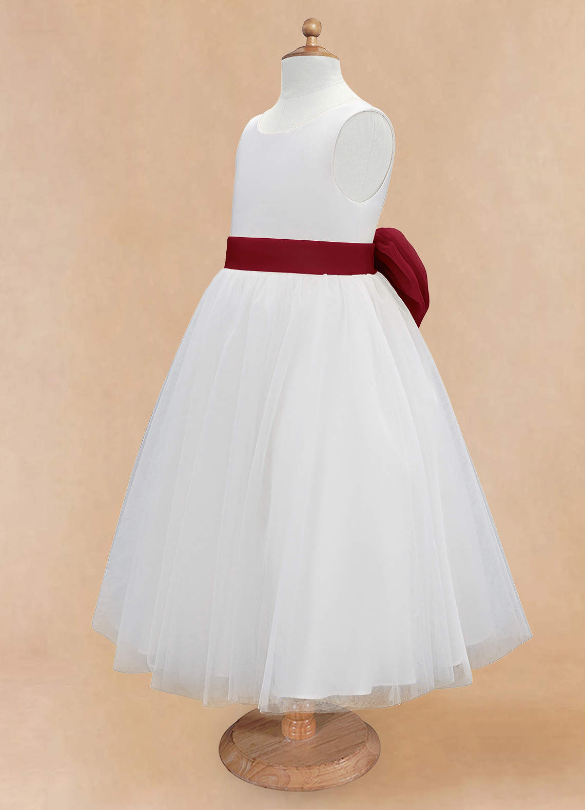 Azazie Kavi Flower Girl Dresses Ivory Burgundy A-Line Bow Matte Satin Dress image8