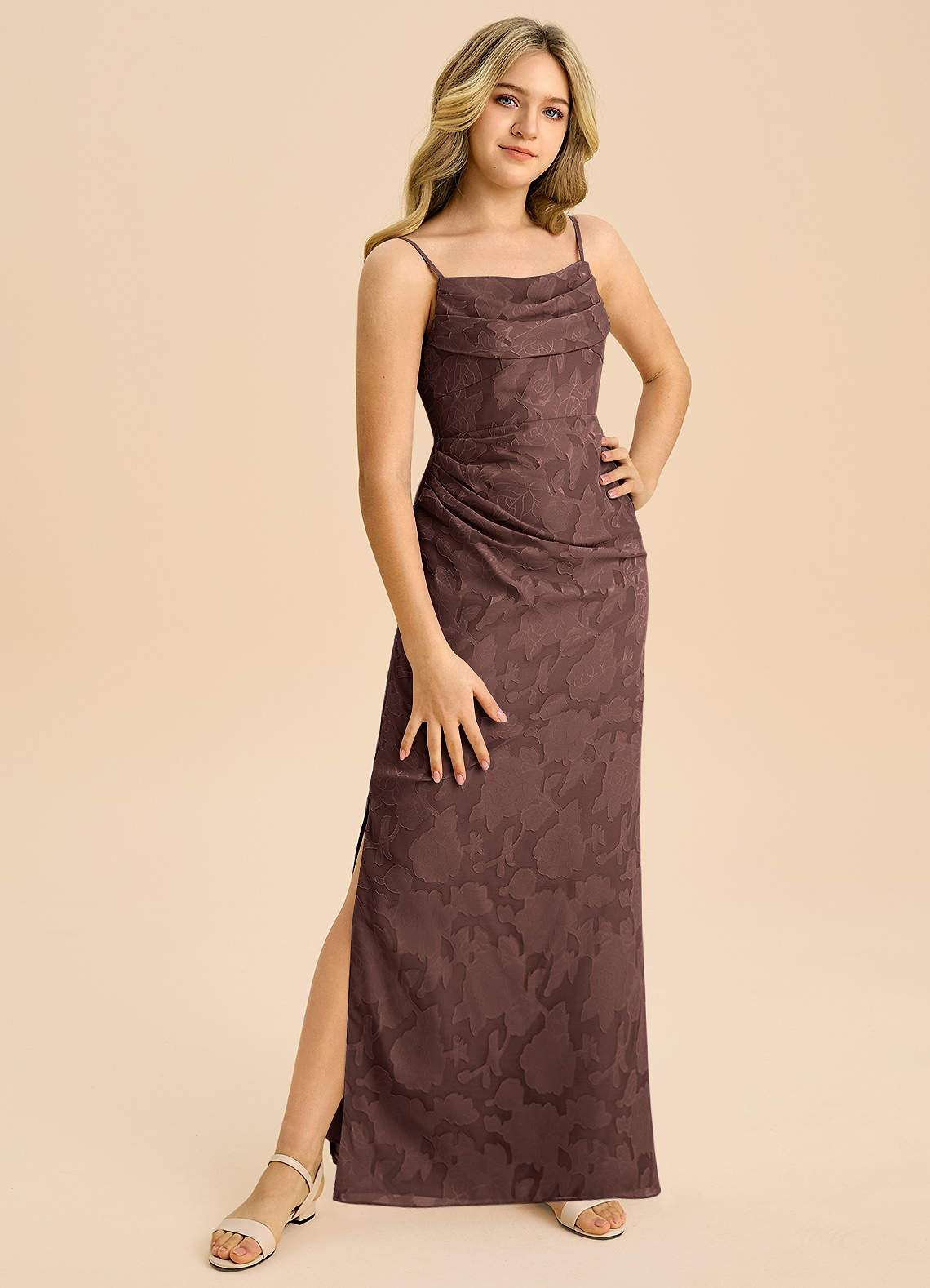 Azazie Mai Junior Espresso Sheath Pleated Floral Burnout Dress image3