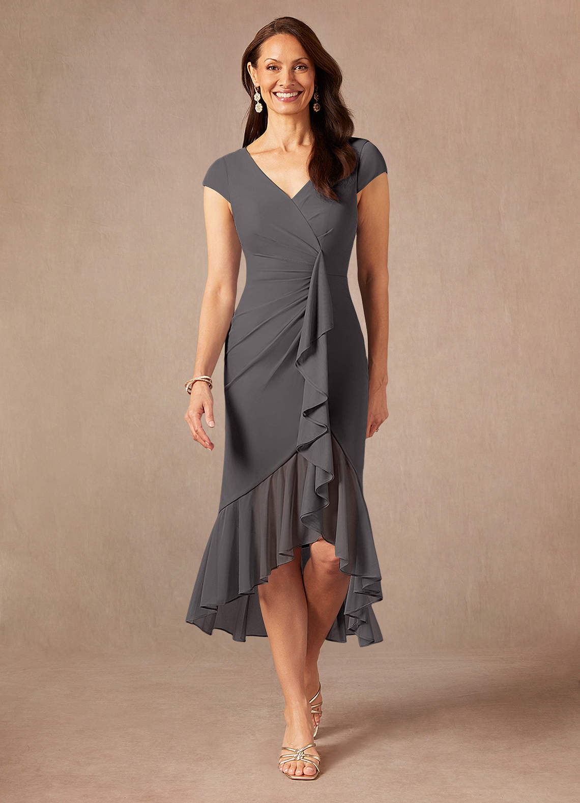 Azazie Renetta Mother of the Bride Dresses Steel Grey Sheath V-Neck Pleated Mesh Dress image1