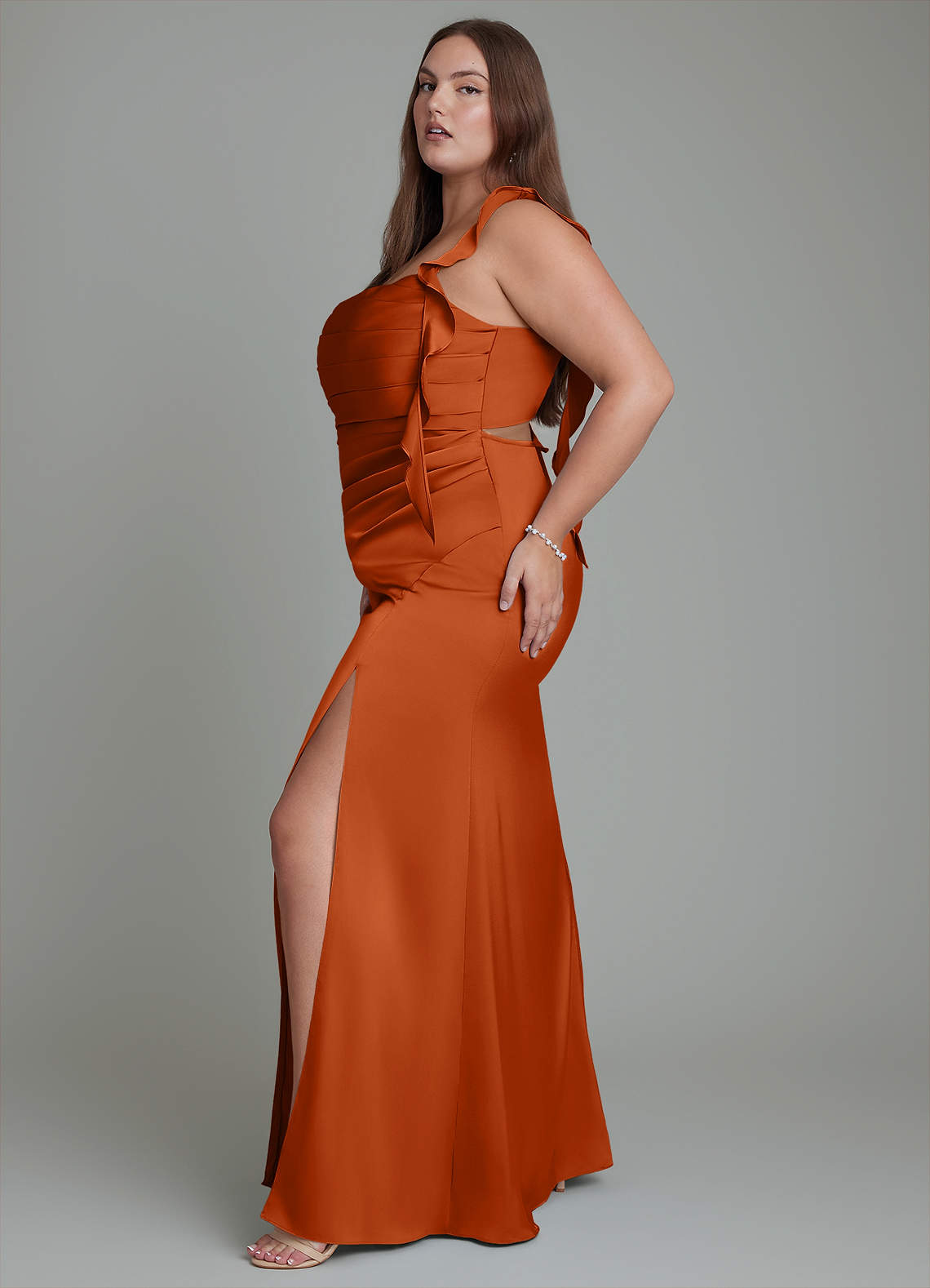 Azazie Jessamine Bridesmaid Dresses Burnt Orange Sheath Corset Stretch Satin Dress image11