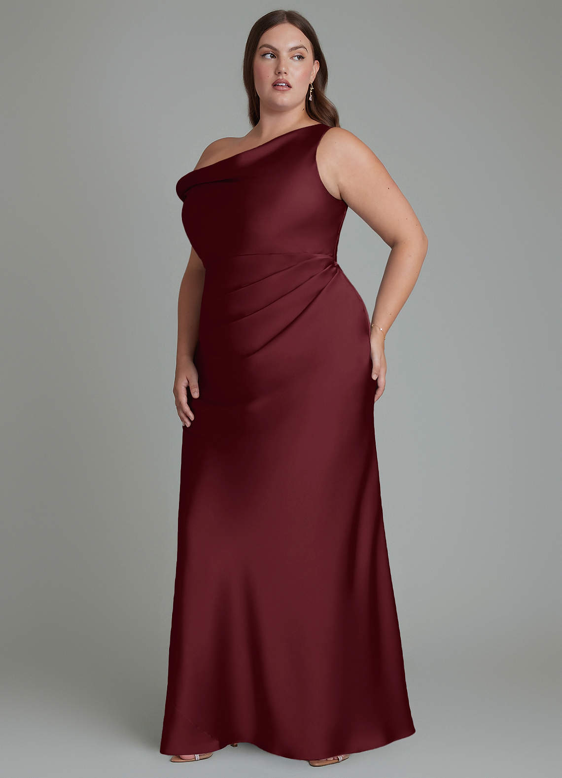 Azazie Emerson Bridesmaid Dresses Cabernet Mermaid Off the Shoulder Stretch Satin Dress image10