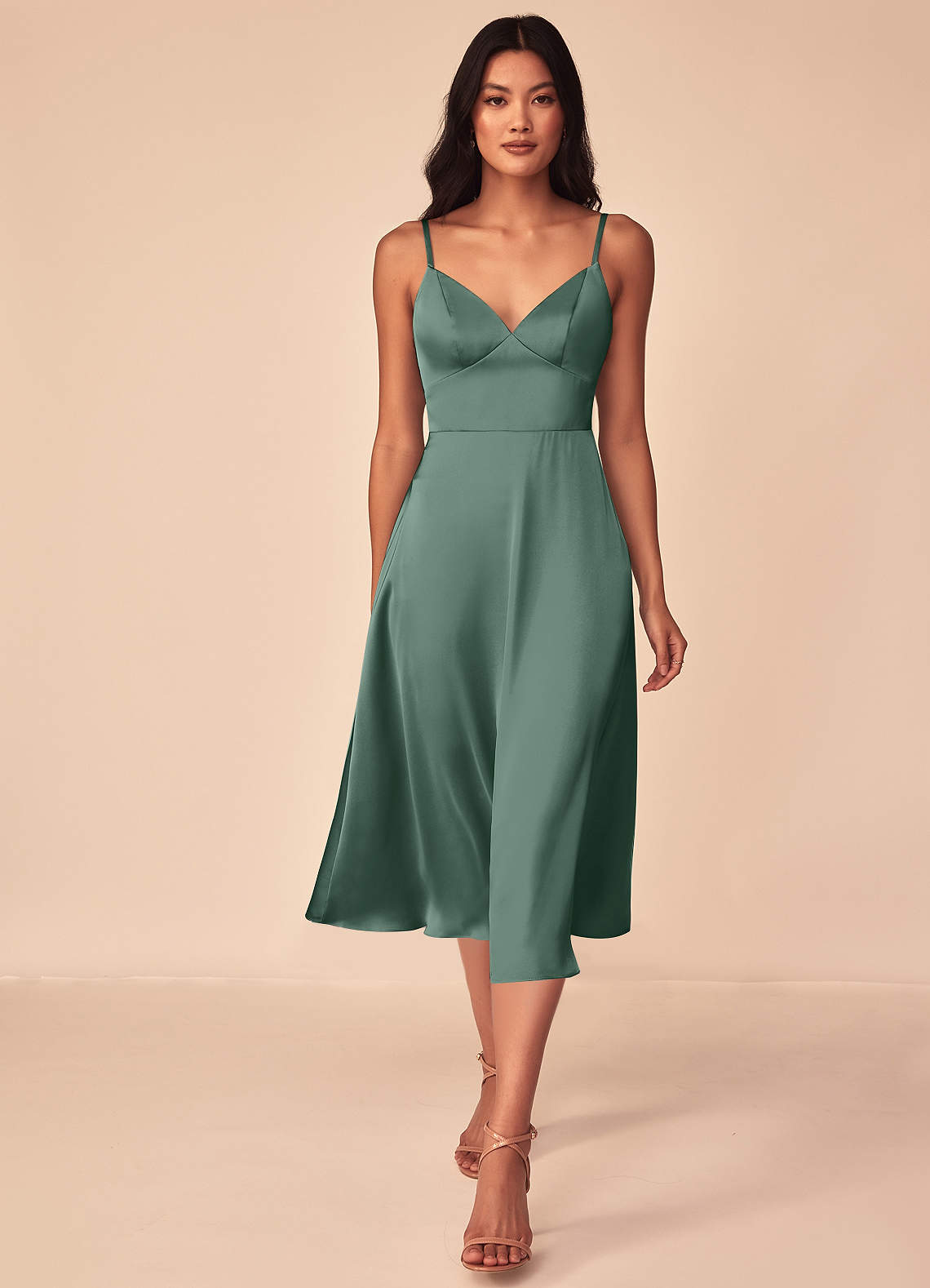 Azazie Dottie Bridesmaid Dresses Eucalyptus A-Line Stretch Satin Dress image1
