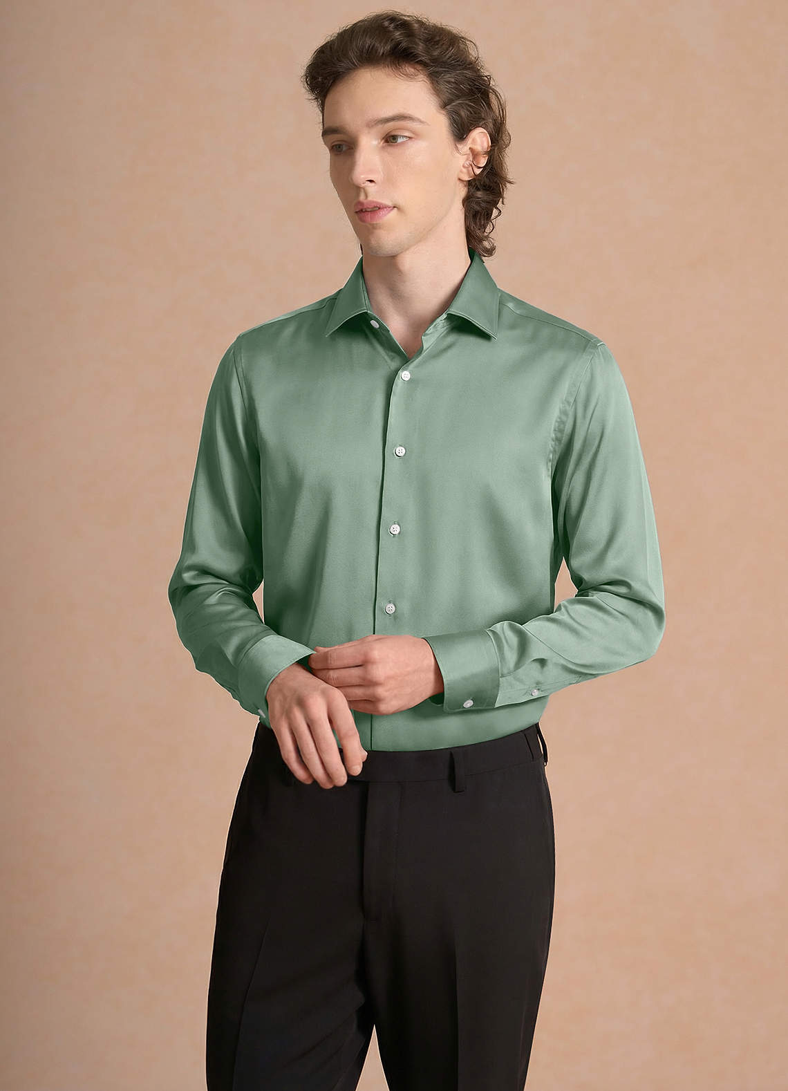 front Julian Matcha Stretch Satin Dress Shirt