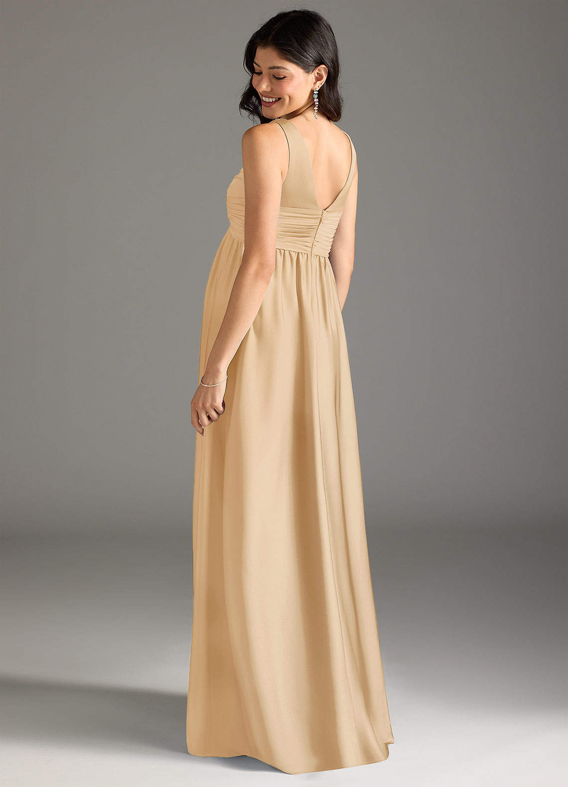 Azazie Yetta vestidos de dama de honor de maternidad Vestido de Corte en A Plisado Hasta el suelo Satén Elástico image2