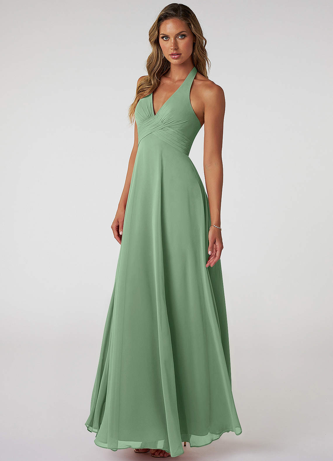 Azazie Tessie Bridesmaid Dresses Matcha A-Line V-Neck Pleated Chiffon Dress image2