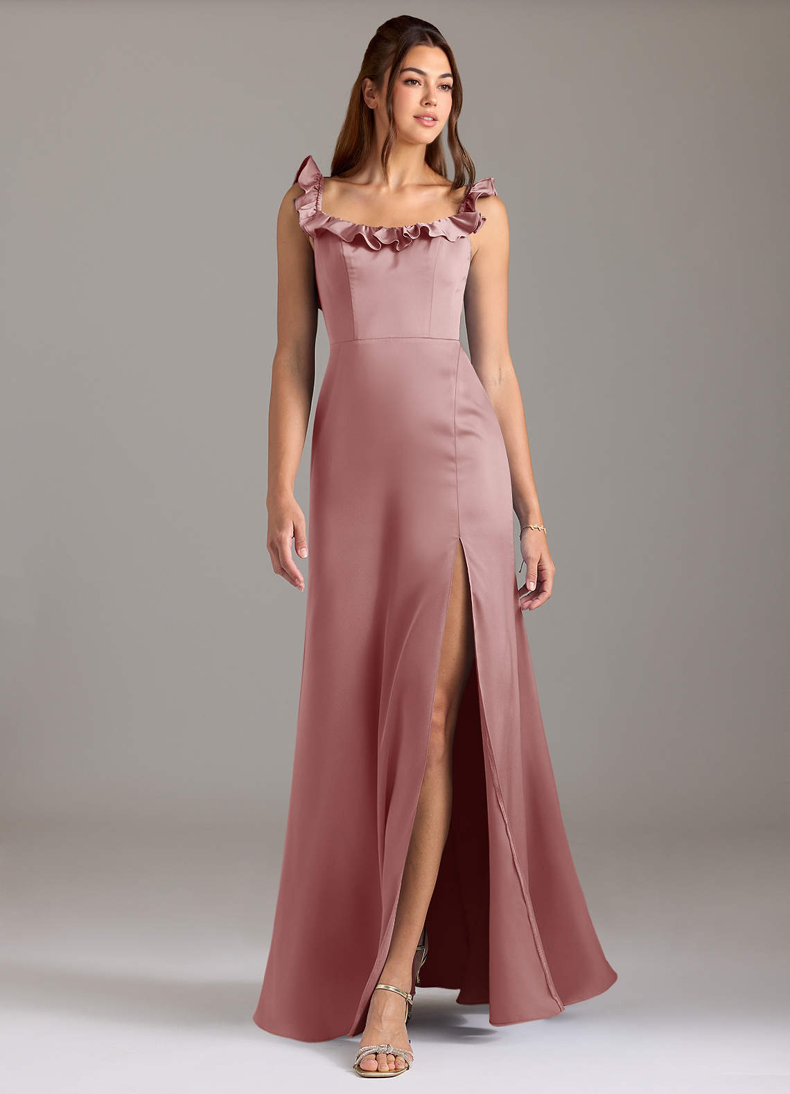 Azazie Callie Essayer des robes à la maison Robe Trapèze Convertible en Satin extensible Rayé Rose Poussiéreuse image2