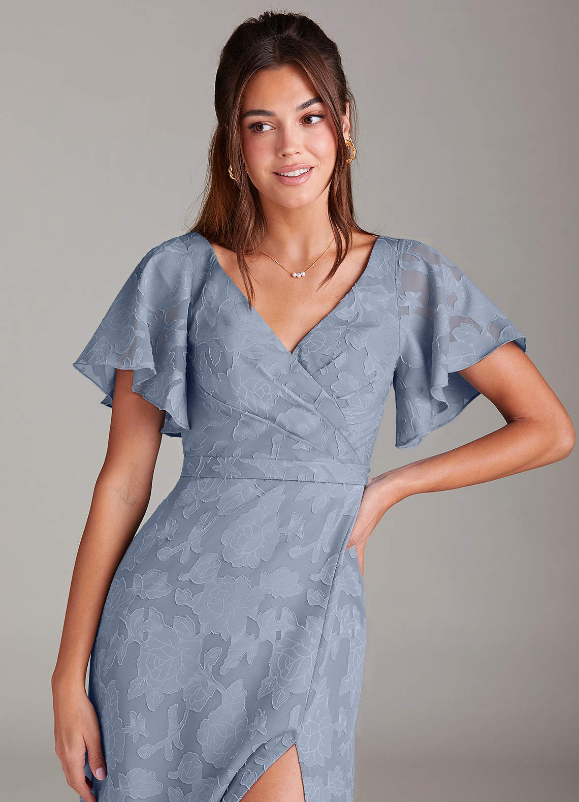 Azazie Ambrosia Bridesmaid Dresses Dusty Blue A-Line Pleated Floral Burnout Dress image4