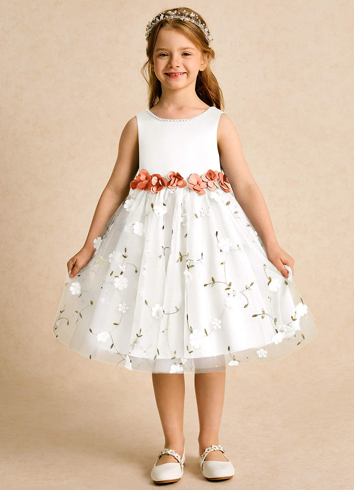 Azazie Starri Flower Girl Dresses Ivory Sunset Ball-Gown Beaded Matte Satin Dress image1