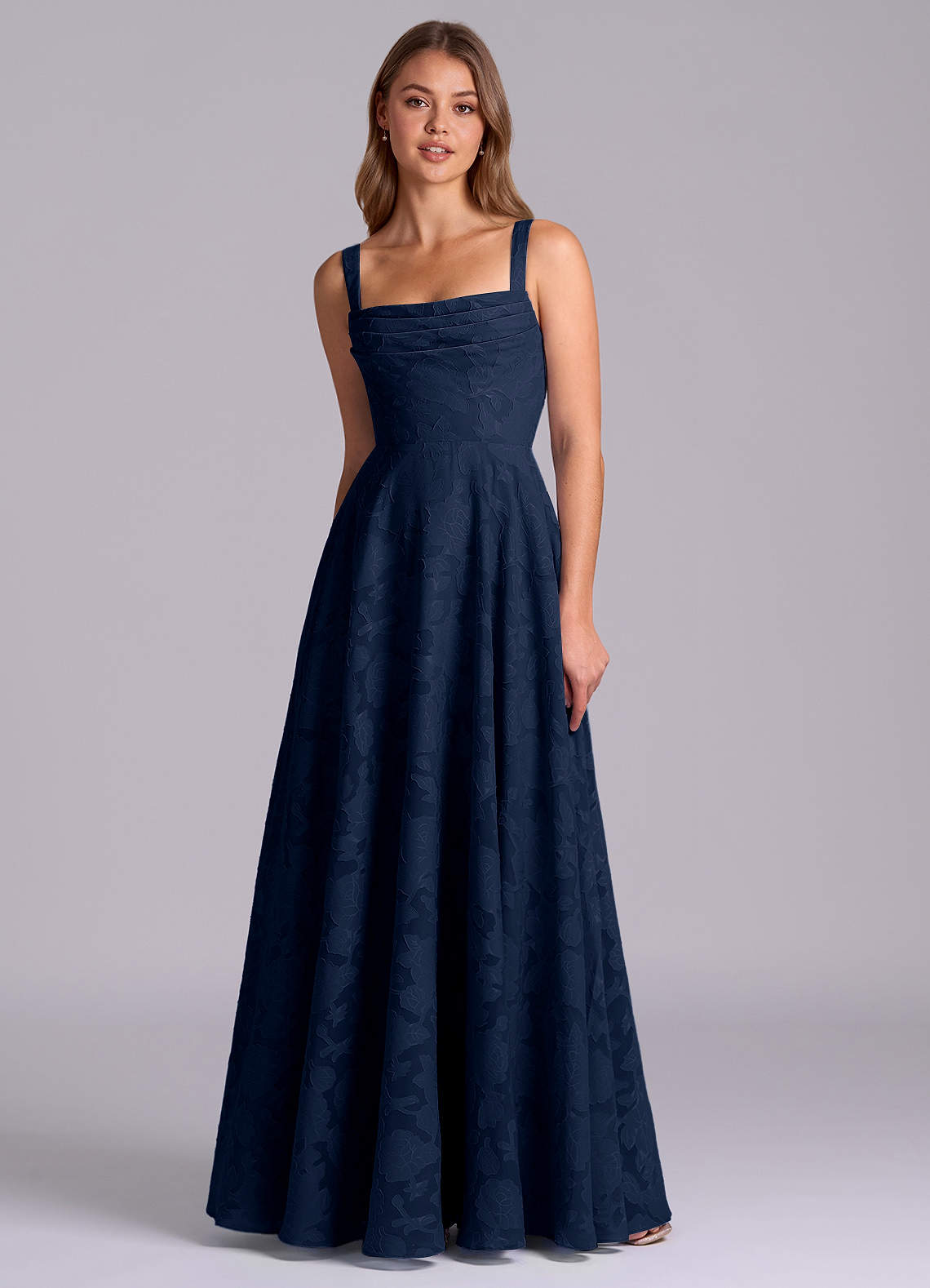 Azazie Shaude Bridesmaid Dresses Dark Navy A-Line Pleated Floral Burnout Dress image5