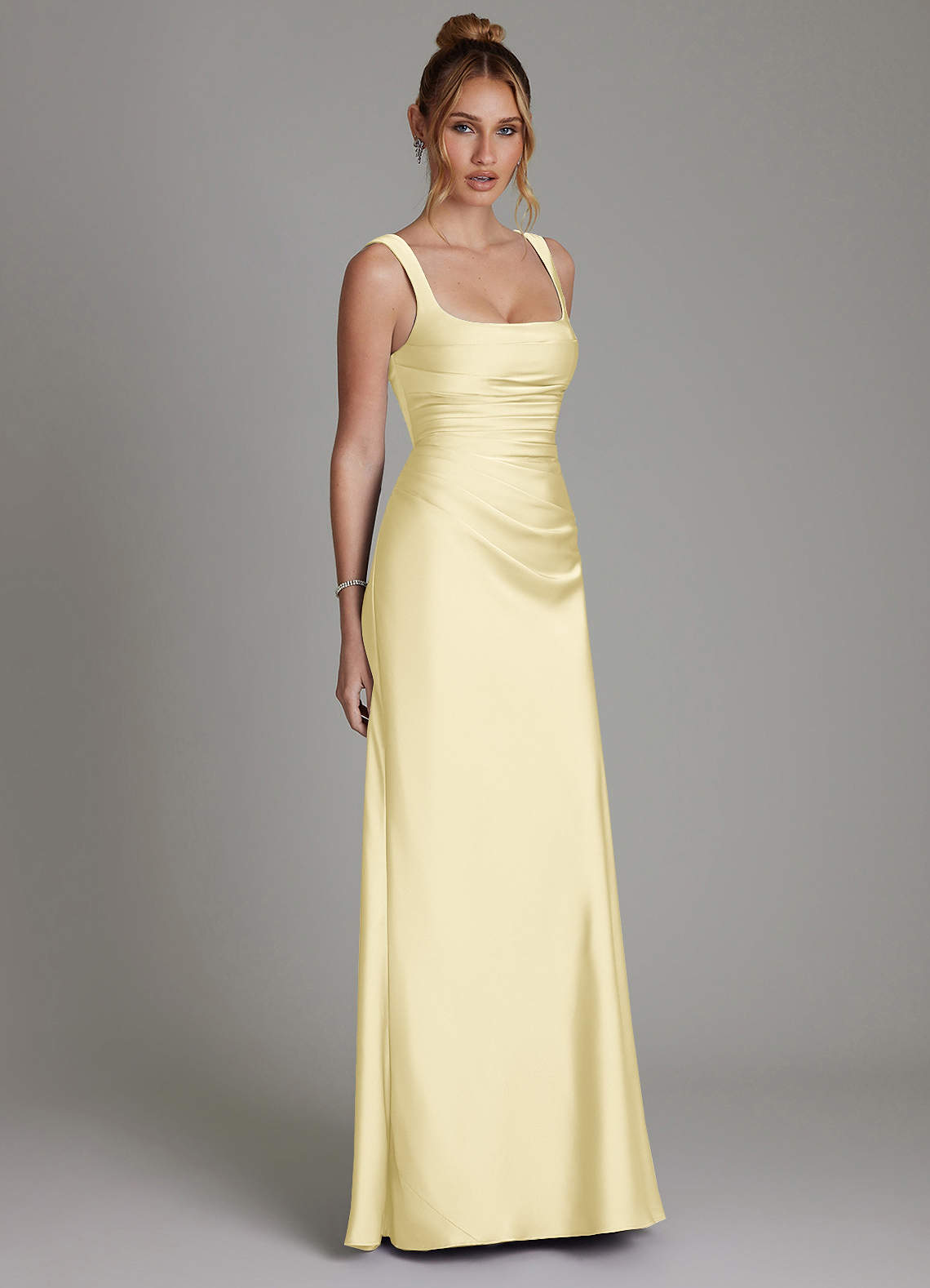 Azazie Agustina At-home Try On Dresses Lemon Sorbet Mermaid Corset Stretch Satin Dress image3