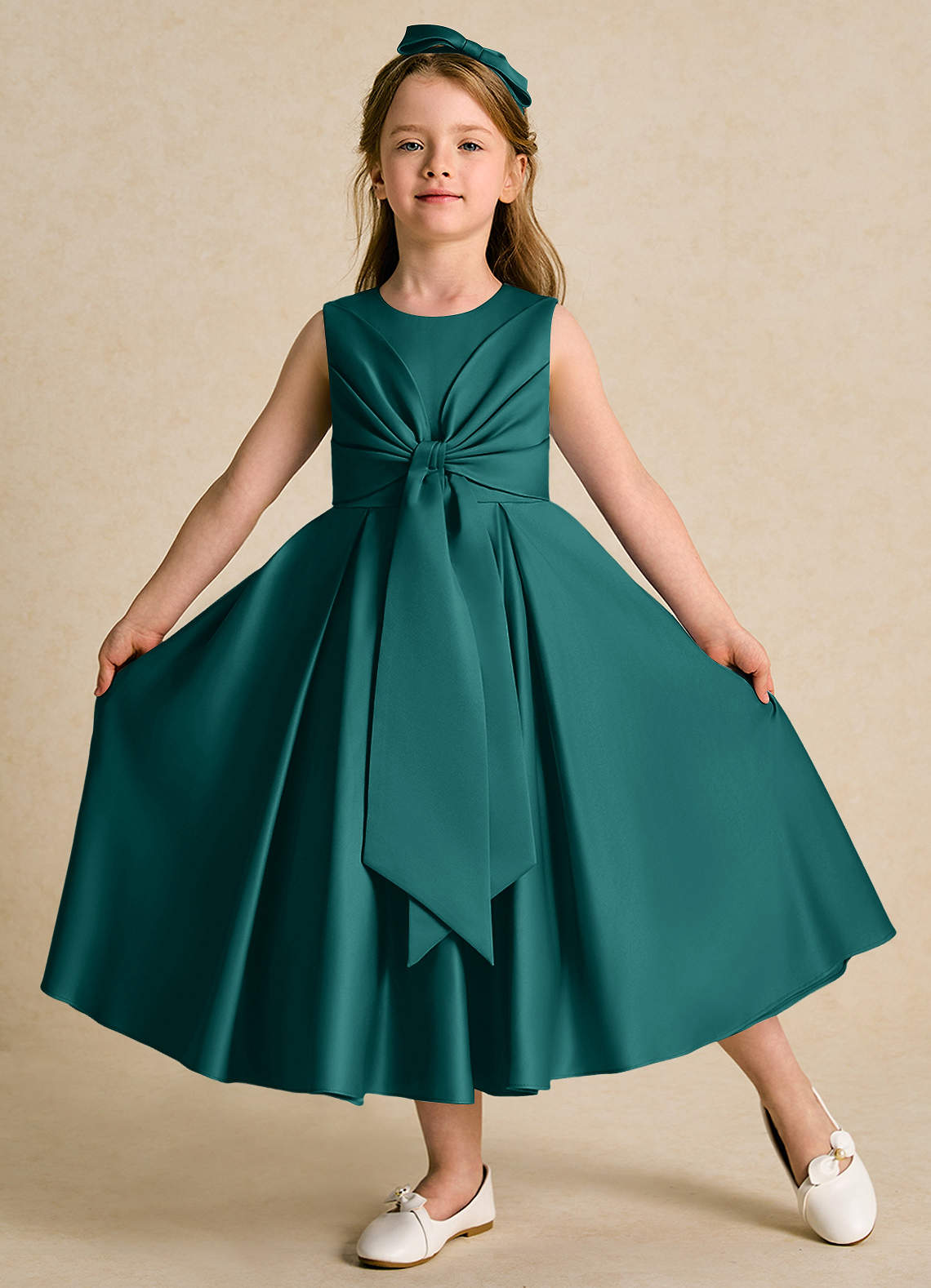 Azazie Lady Flower Girl Dresses Peacock A-Line Pleated Matte Satin Dress image1