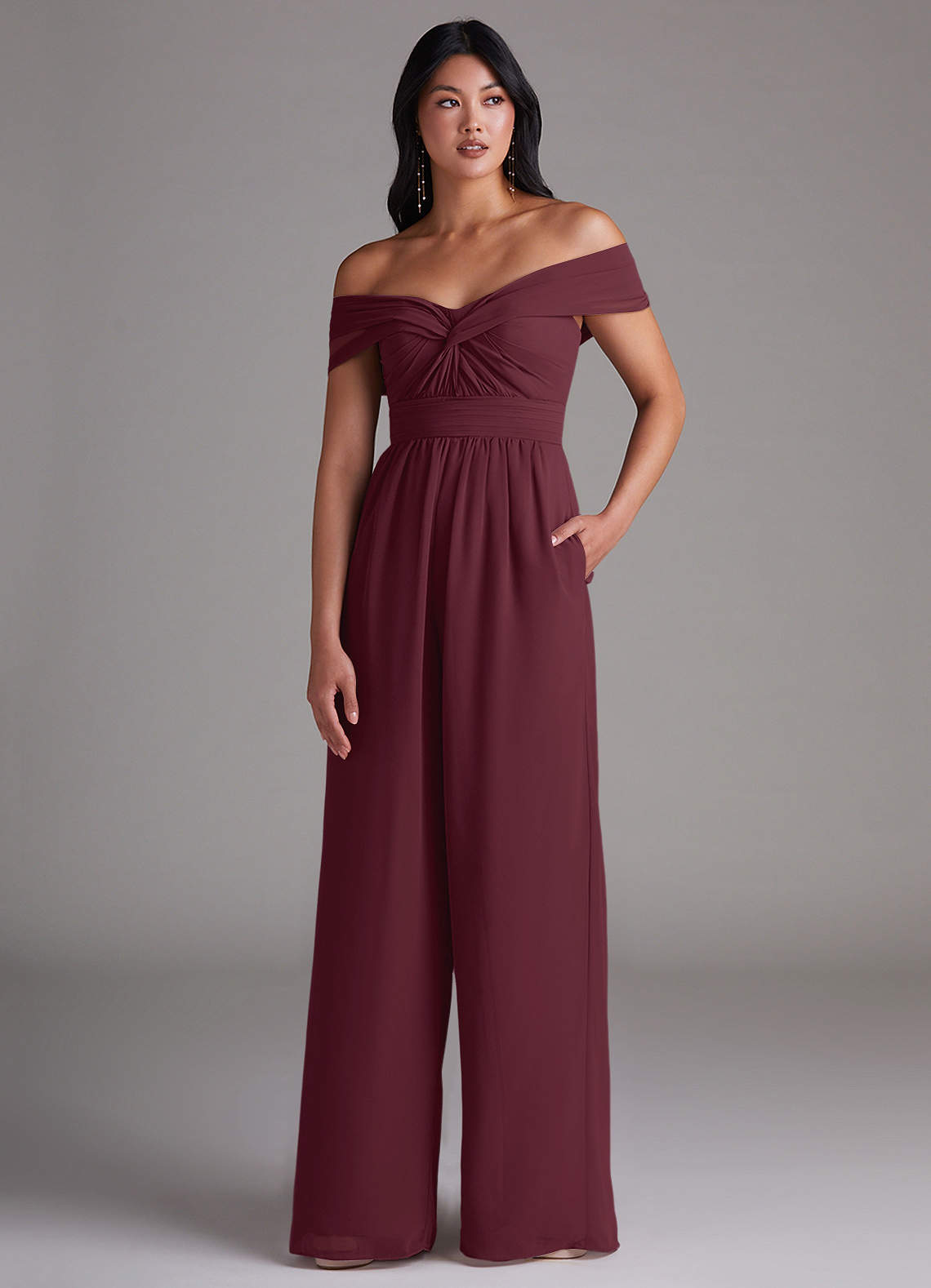 Azazie Lamara Bridesmaid Dresses Cabernet Off the Shoulder Chiffon Convertible Jumpsuit image1
