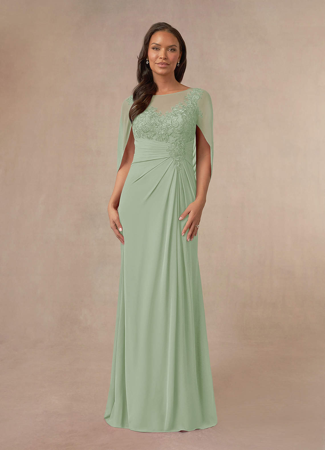 Azazie Hera Mother of the Bride Dresses Dusty Sage A-Line Lace Capelet Chiffon Dress image1