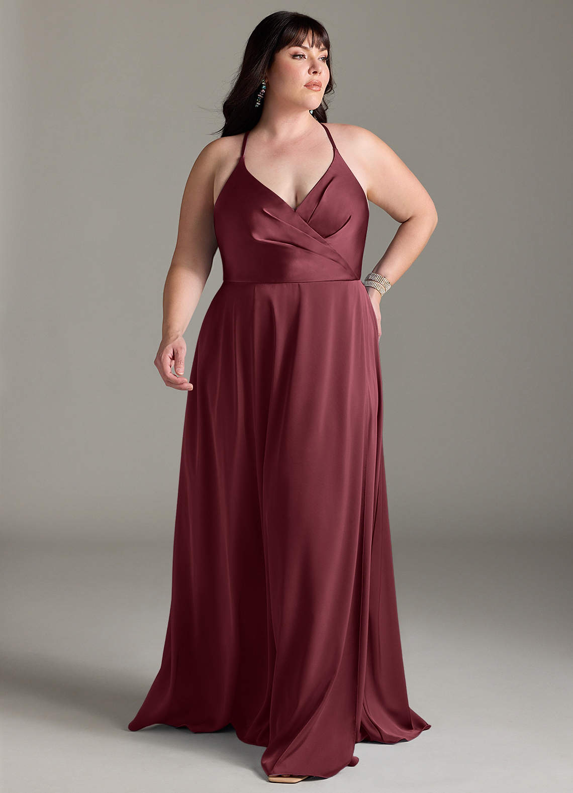 Azazie Davis Bridesmaid Dresses Merlot A-Line Pleated Stretch Satin Dress image1