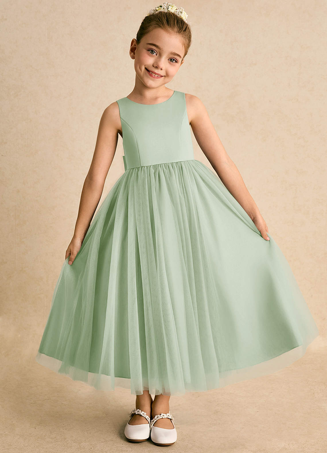 Azazie Solia Robe Demoiselle D'honneur Fillette Robe Princesse en Tulle Arc Vert Sauge image4