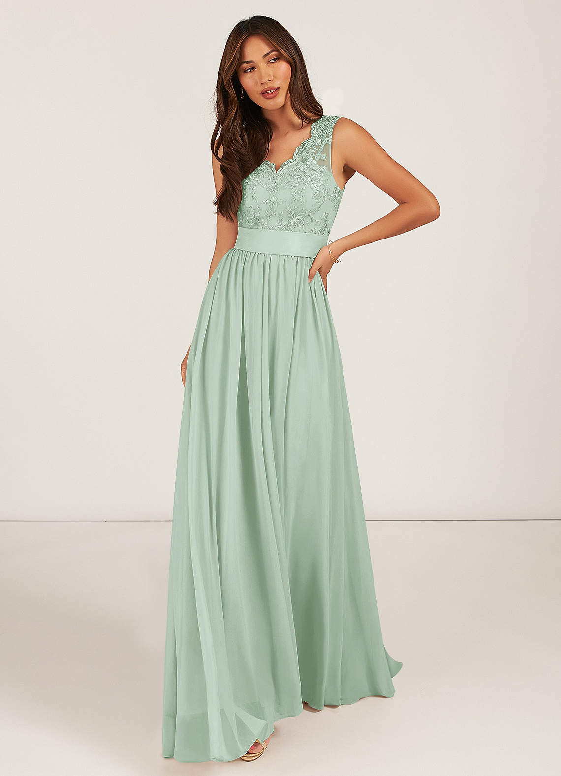 Azazie Gertrude Bridesmaid Dresses Agave A-Line Lace Chiffon Dress image1