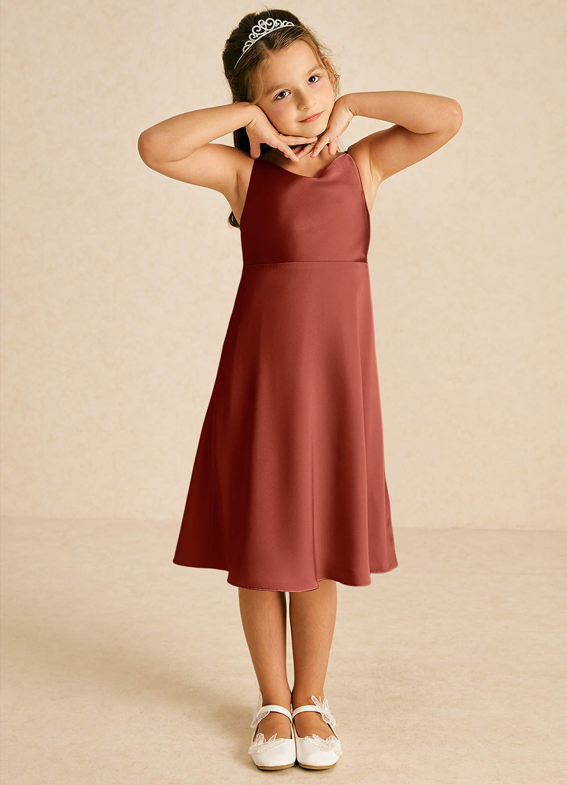 Azazie Zuzu Flower Girl Dresses Terracotta A-Line Spaghetti Strap Stretch Satin Dress image1