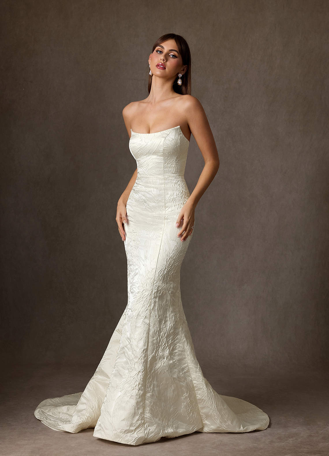 Azazie 2026 Mermaid Modern Antique White Elegant Wedding Dress Chapel Train Floral Jacquard Scoop Neck