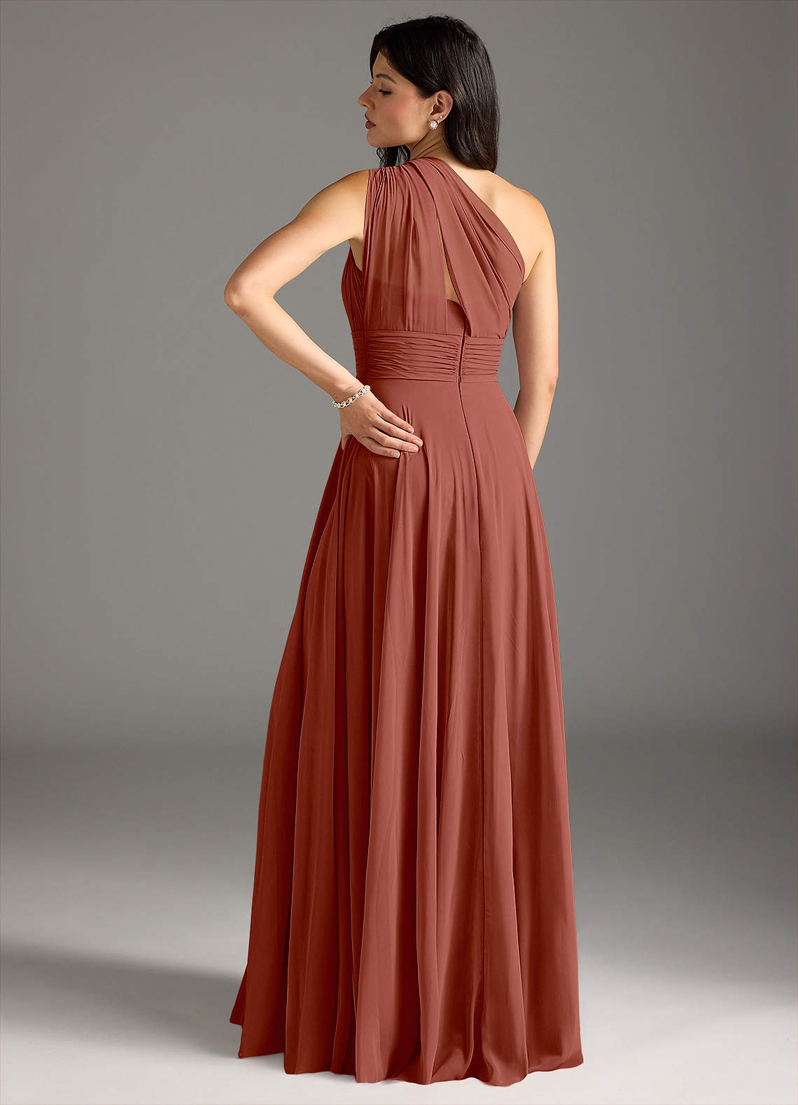 Azazie Charlize Bridesmaid Dresses Auburn A-Line One Shoulder Chiffon Dress image1