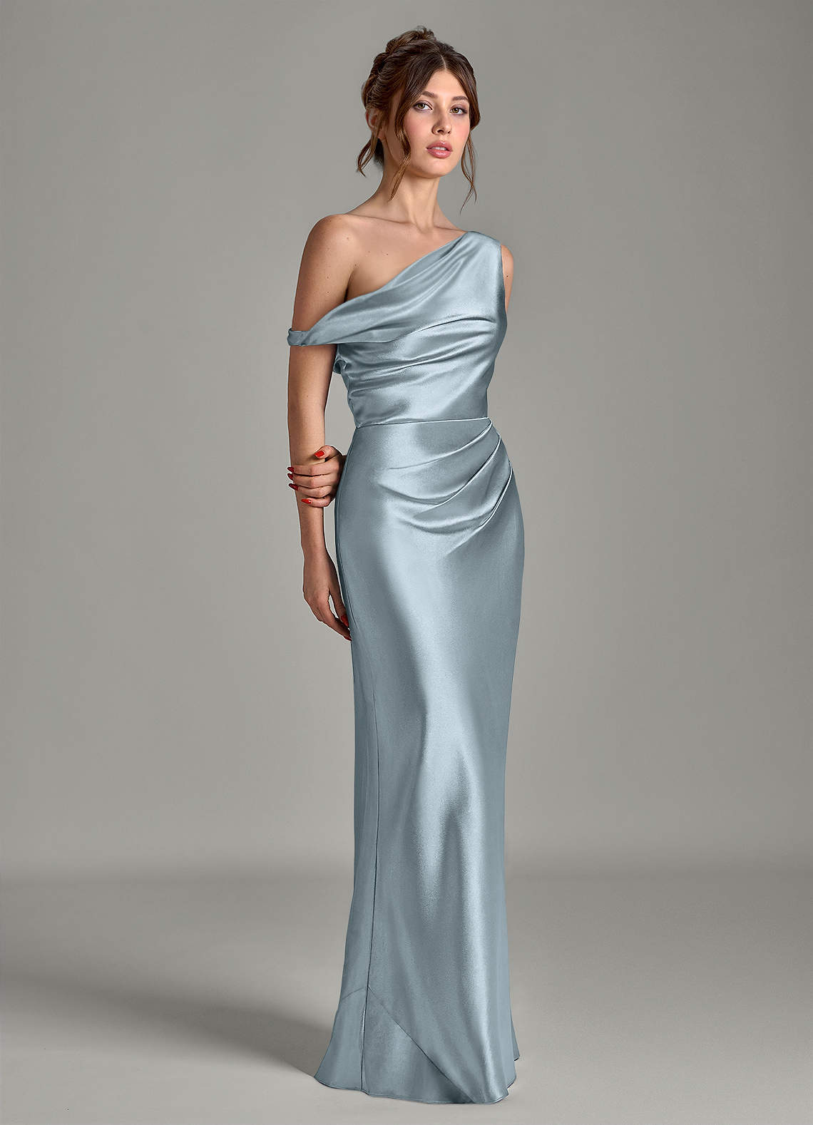 teal grey bridesmaid dresses Azazie Emerson Dusty Blue Metallic Satin Tea Garden Party Lace