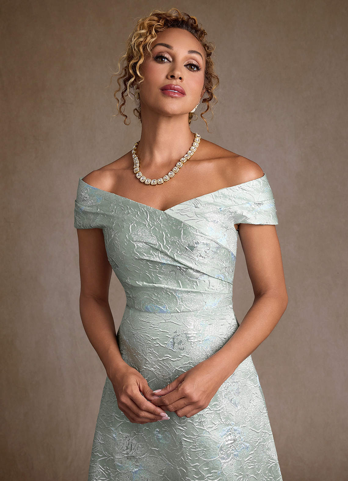 Azazie Lacey Mother of the Bride Dresses Agave Jacquard A-Line Off the Shoulder Floral Jacquard Dress image6