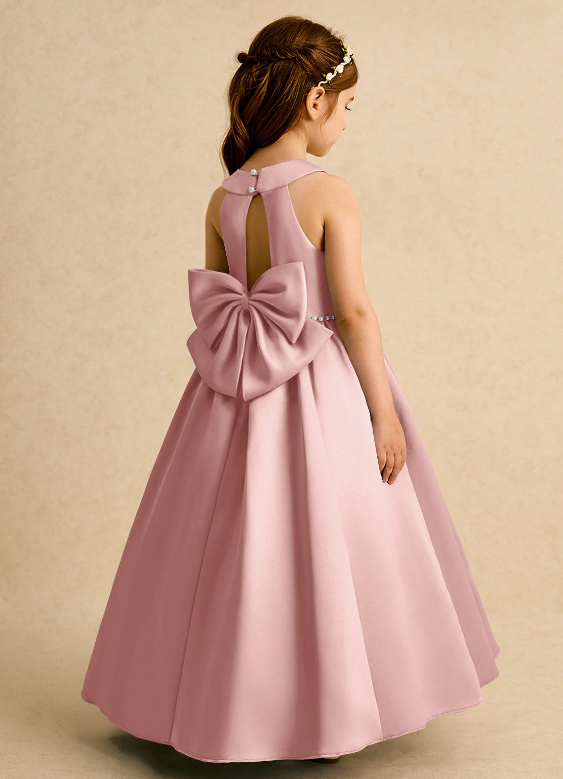 Azazie Daisies Robe Demoiselle D'honneur Fillette Robe Princesse en Mat Satiné Arc Or Rose image1