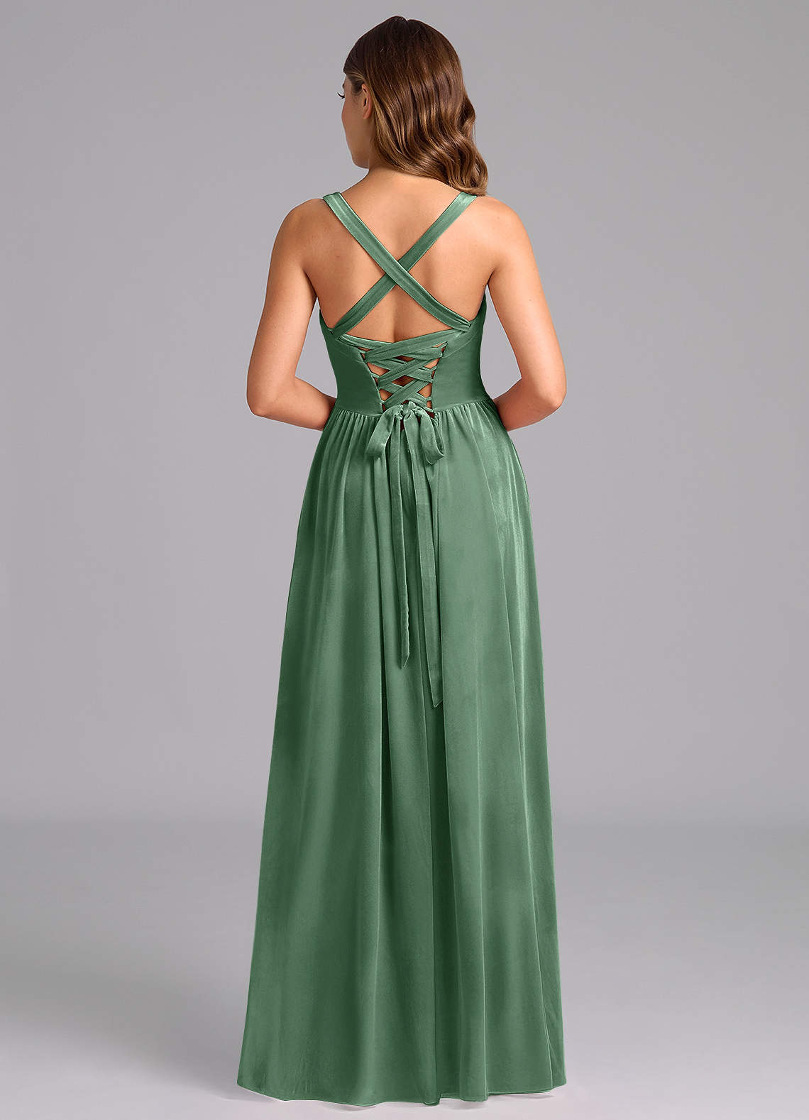 Azazie Francis Robes de demoiselle d'honneur Robe Trapèze en velours Corset Eucalyptus image4