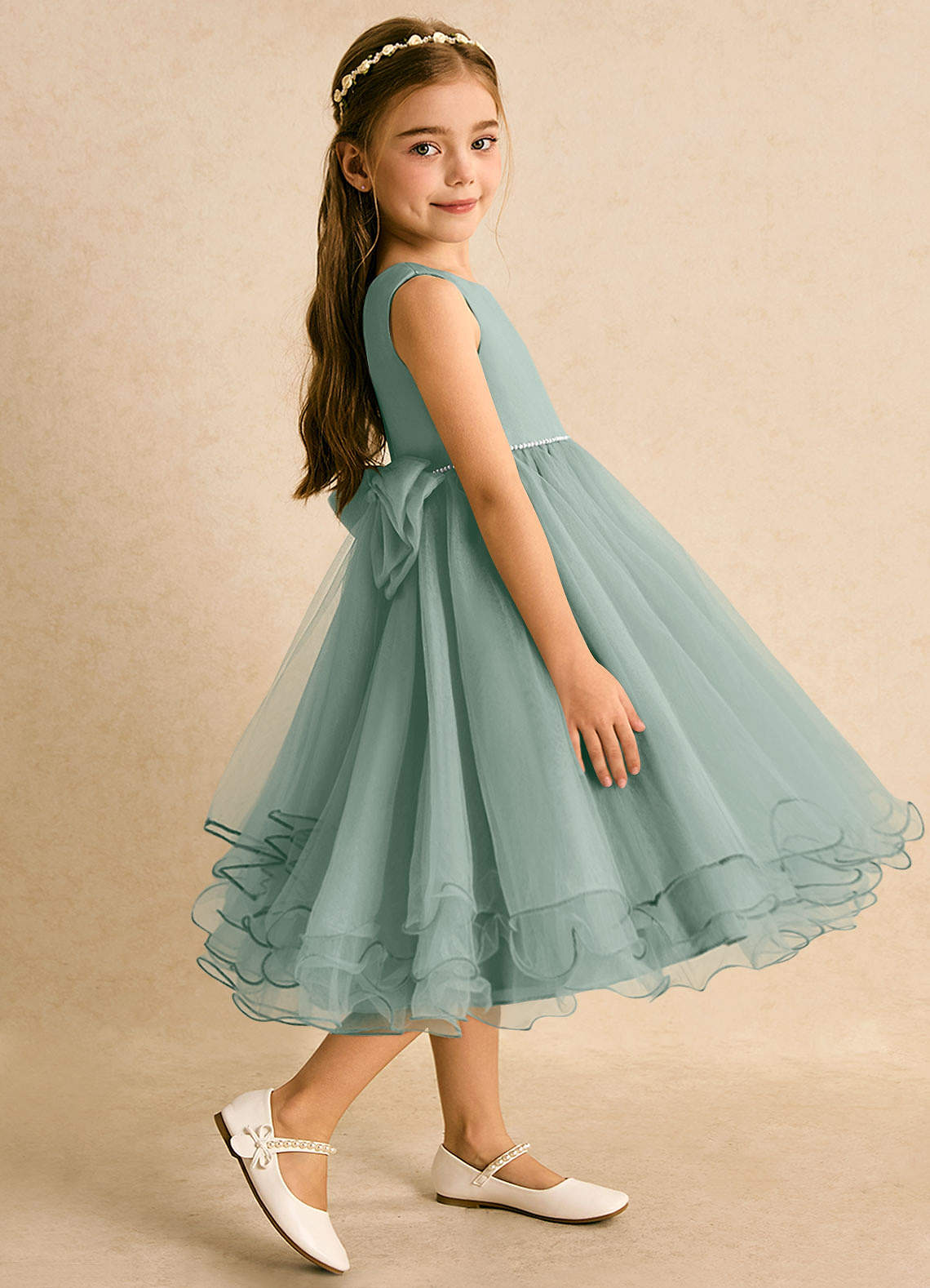 Azazie Lass Flower Girl Klänningar Klä A-Line i Tyll Rosett image3