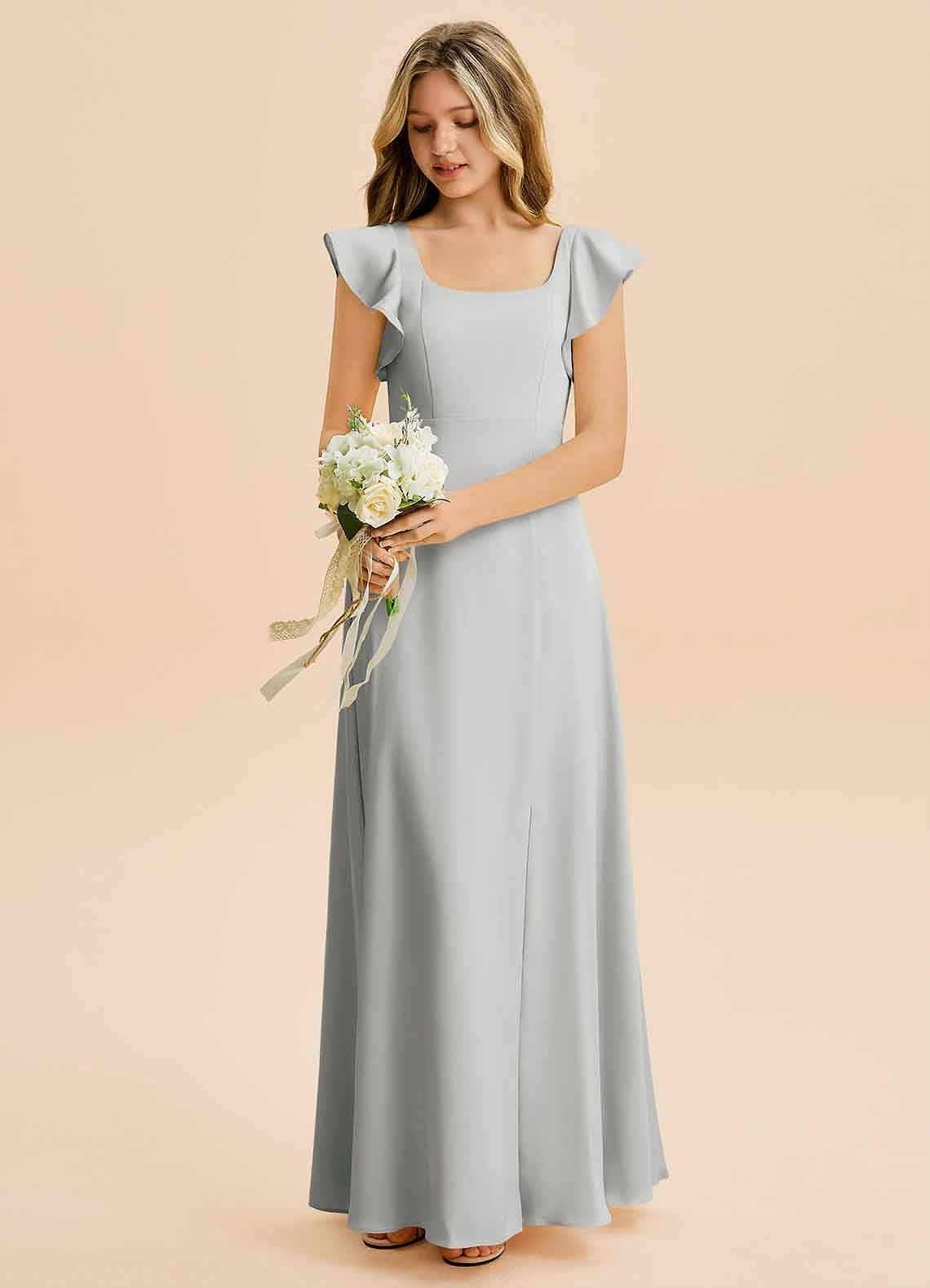 Azazie Bondi Junior Vestido Prata de Cetim elástico de Linha A com Fenda Lateral image4