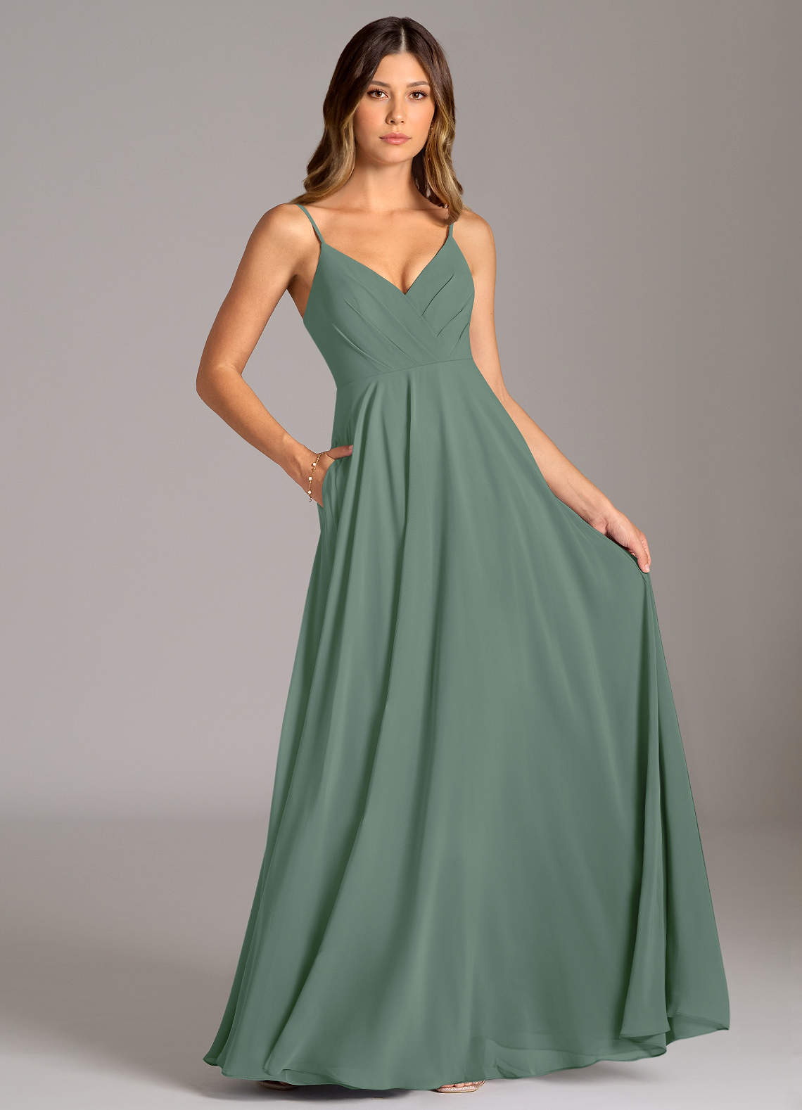 Azazie Amani Bridesmaid Dresses Eucalyptus A-Line Pleated Chiffon Dress image5