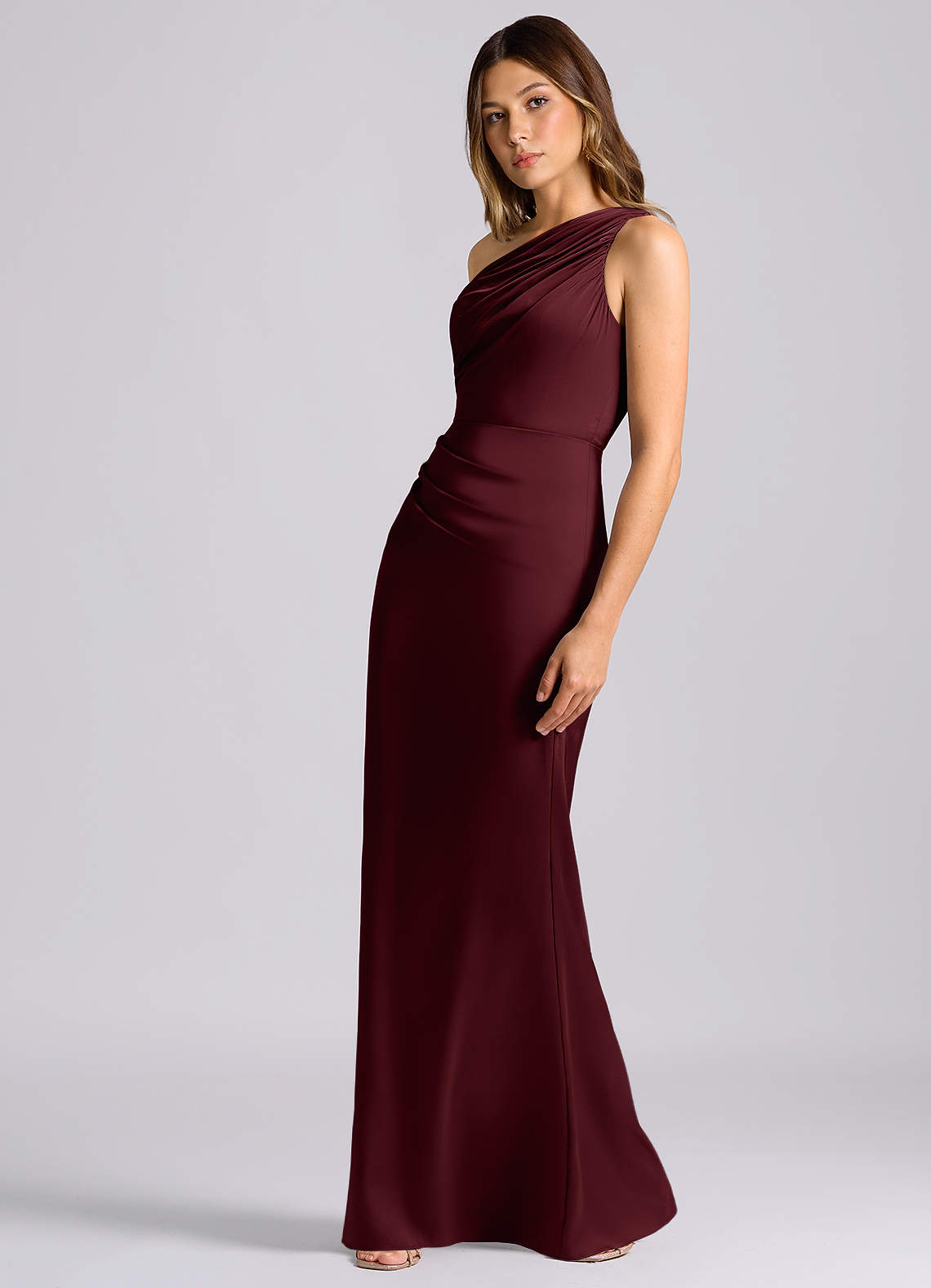 Azazie Akilah Bridesmaid Dresses Cabernet Mermaid One Shoulder Stretch Satin Dress image4