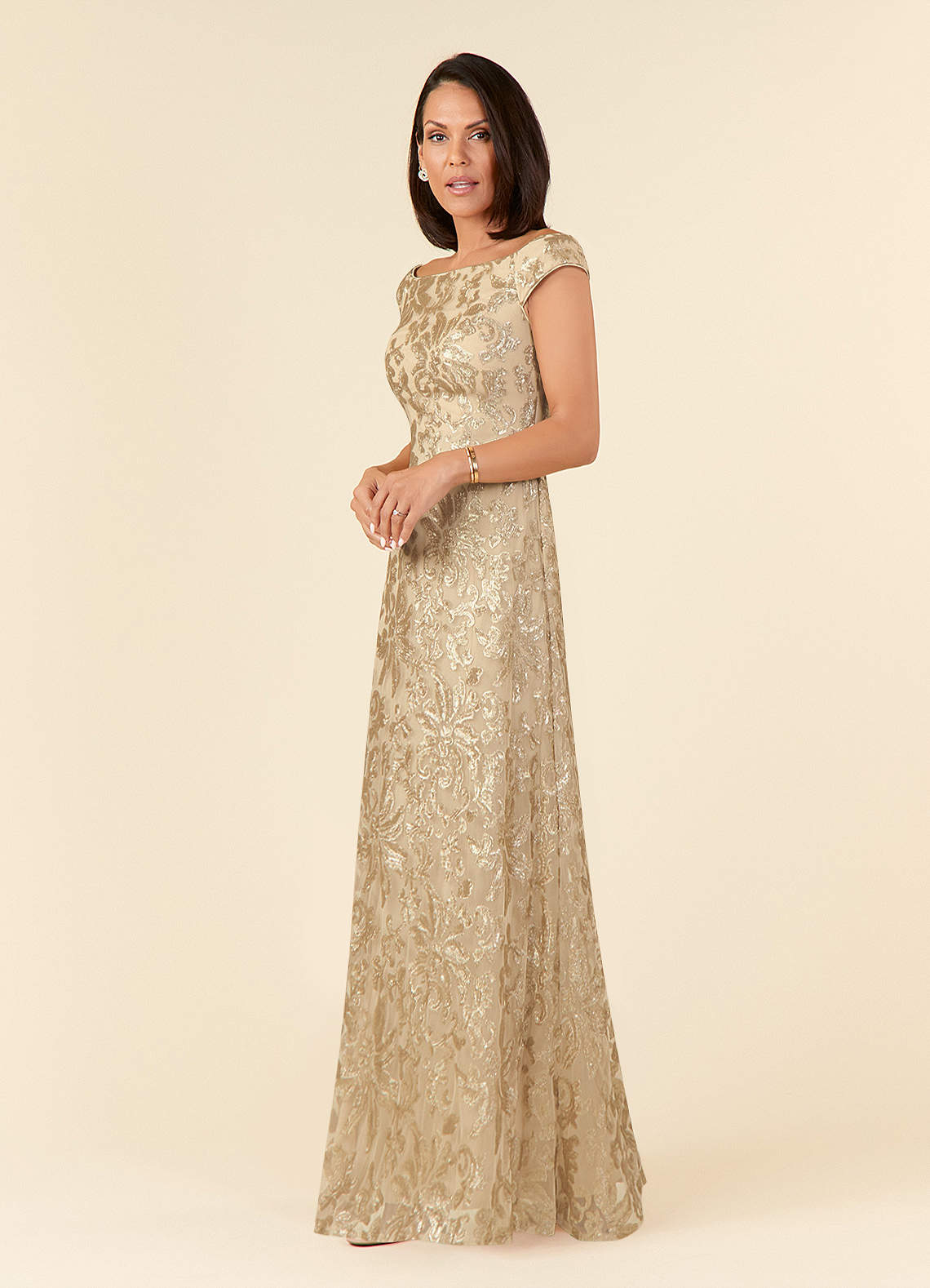 Azazie Porcelain Mother of the Bride Dresses Champagne A-Line Off the Shoulder Lace Dress image1