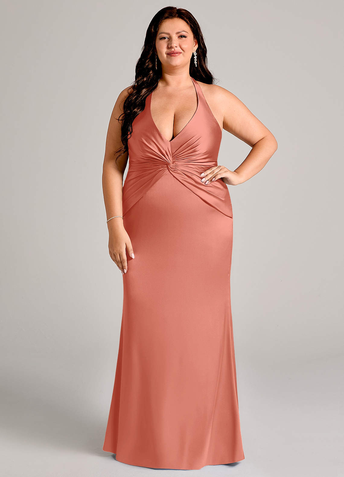 Azazie Valerie Bridesmaid Dresses Salmon Pink Mermaid Pleated Stretch Satin Dress image1