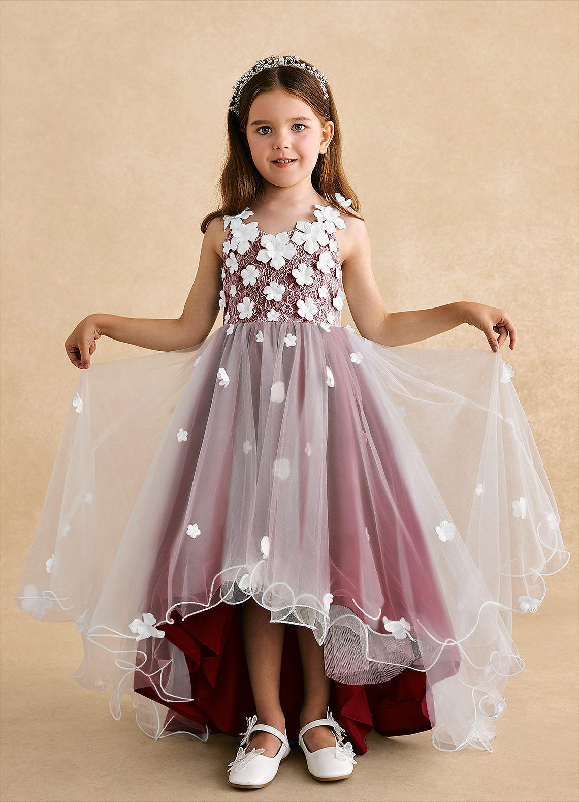 Azazie Celia Flower Girl Dresses Burgundy A-Line Lace Tulle Dress image3