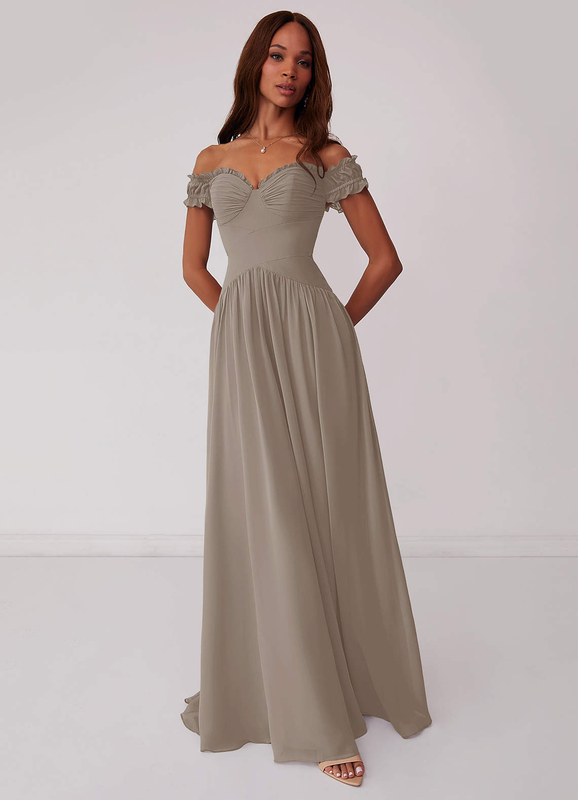 Barbie ♥ Azazie Bridesmaid Dresses Taupe A-Line Off the Shoulder Chiffon Convertible Dress image1