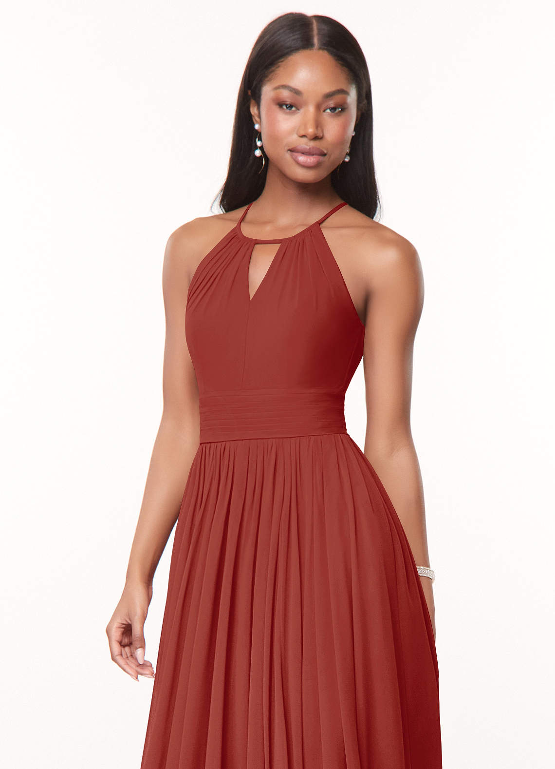 Azazie Cherish Bridesmaid Dresses Terracotta A-Line Pleated Chiffon Dress image1