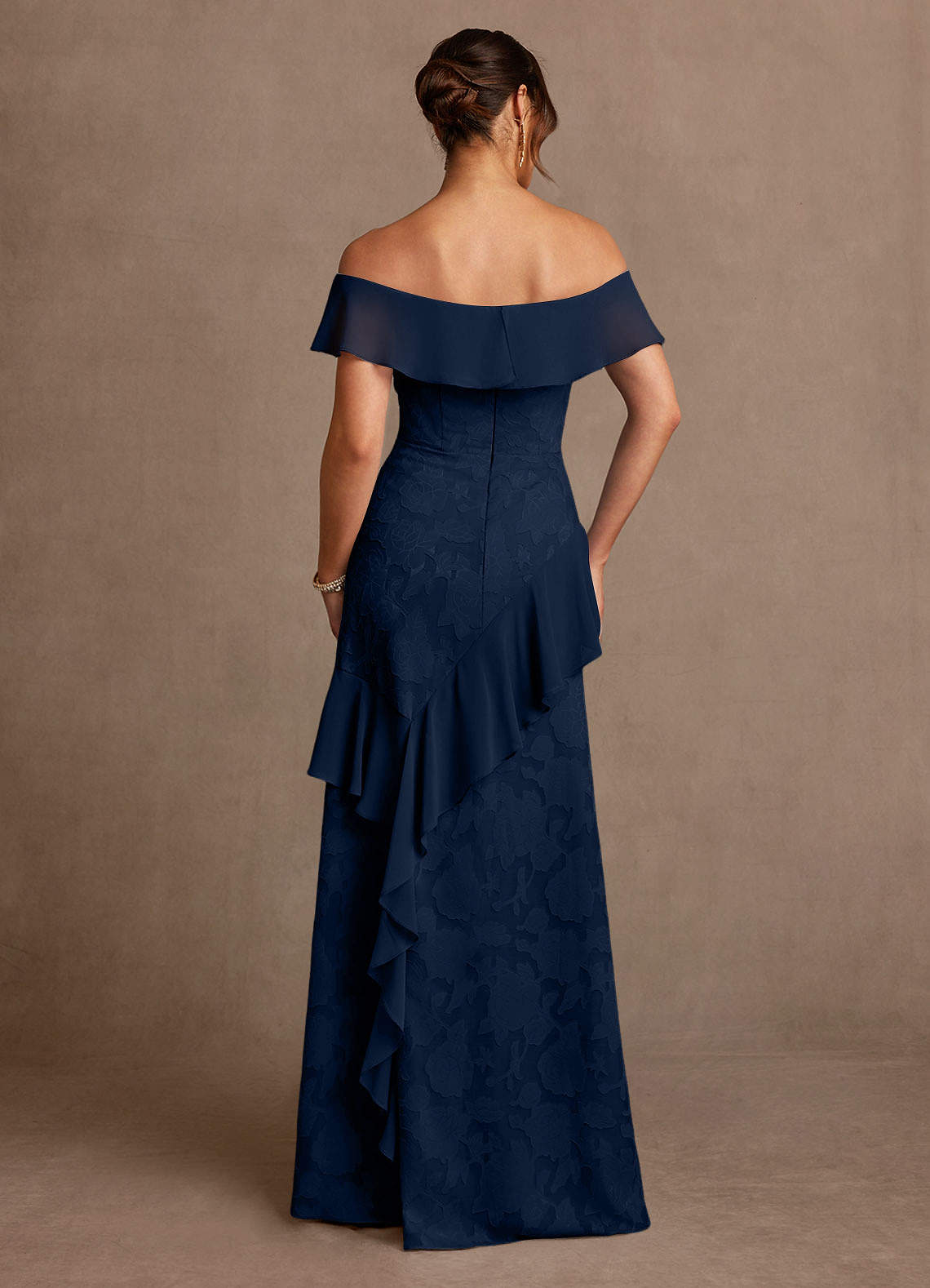 Azazie Marina Dark Navy A-Line Off the Shoulder Floral Burnout