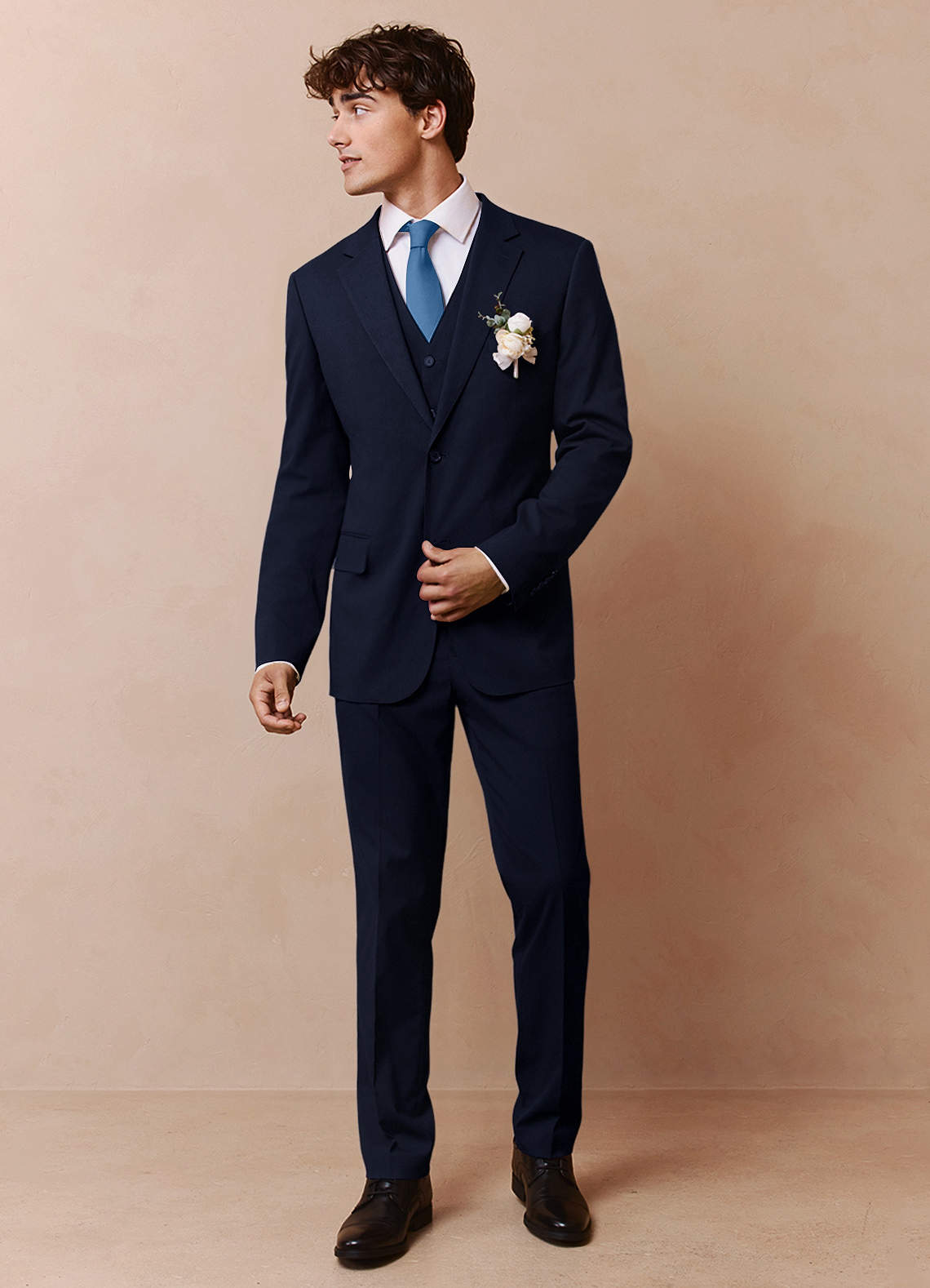 front Savile Navy Blue Wool Blend 3-Piece Suit