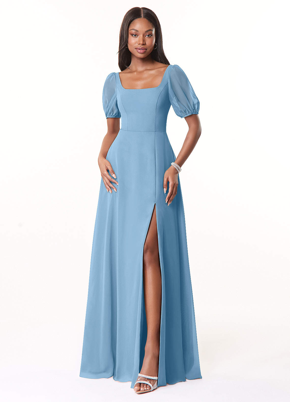 Azazie Alani Steel Blue Chiffon Bridesmaid Dresses | Azazie
