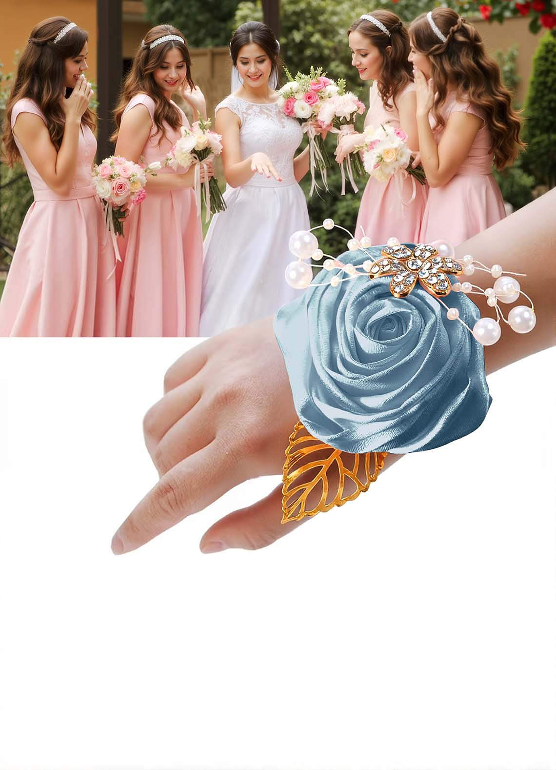 front Matching Color Bridesmaids Wrist Corsage with Pearl Bracelet