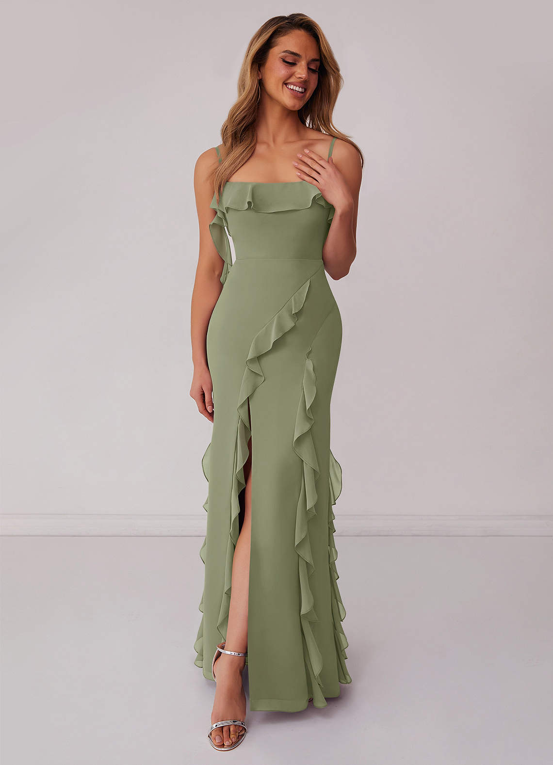 Barbie ♥ Azazie Bridesmaid Dresses Pistachio Sheath Bow Chiffon Dress image2