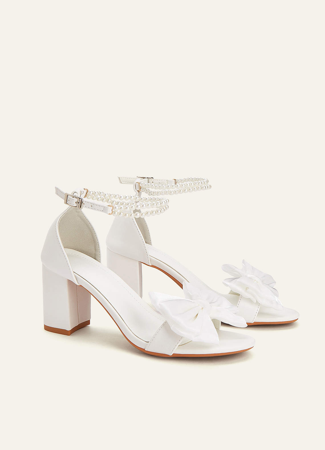 front Satin Bow & Pearl Ankle Strap Block Heel Sandals