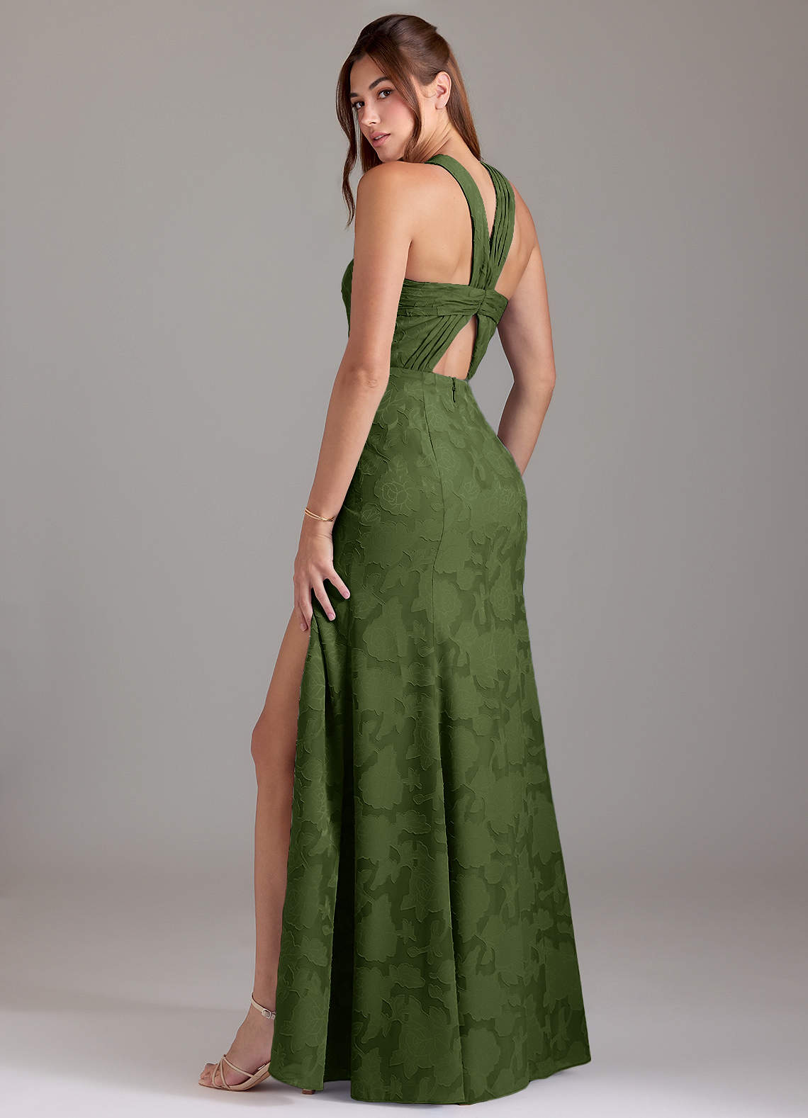 open lace back dress Olive Green Floral Wedding Dress with Train – FD6142 – Viniodress main image 0