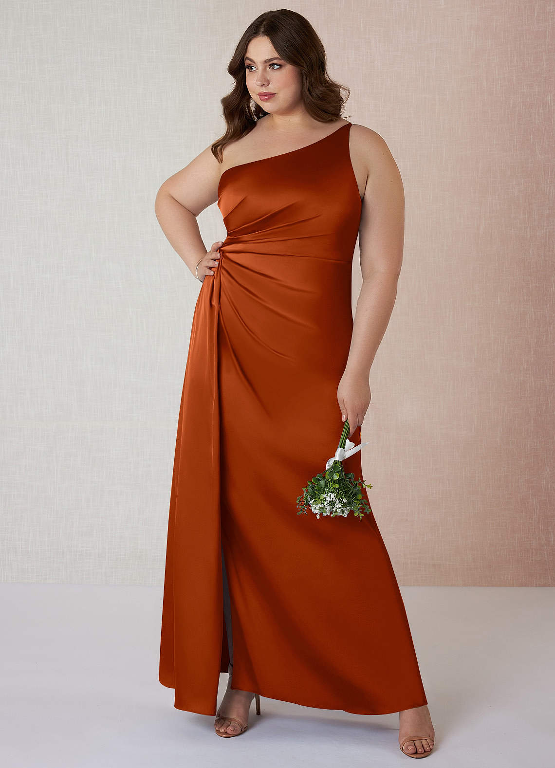 Azazie Mika Final Sale Paprika Sheath One Shoulder Stretch Satin Dress image1