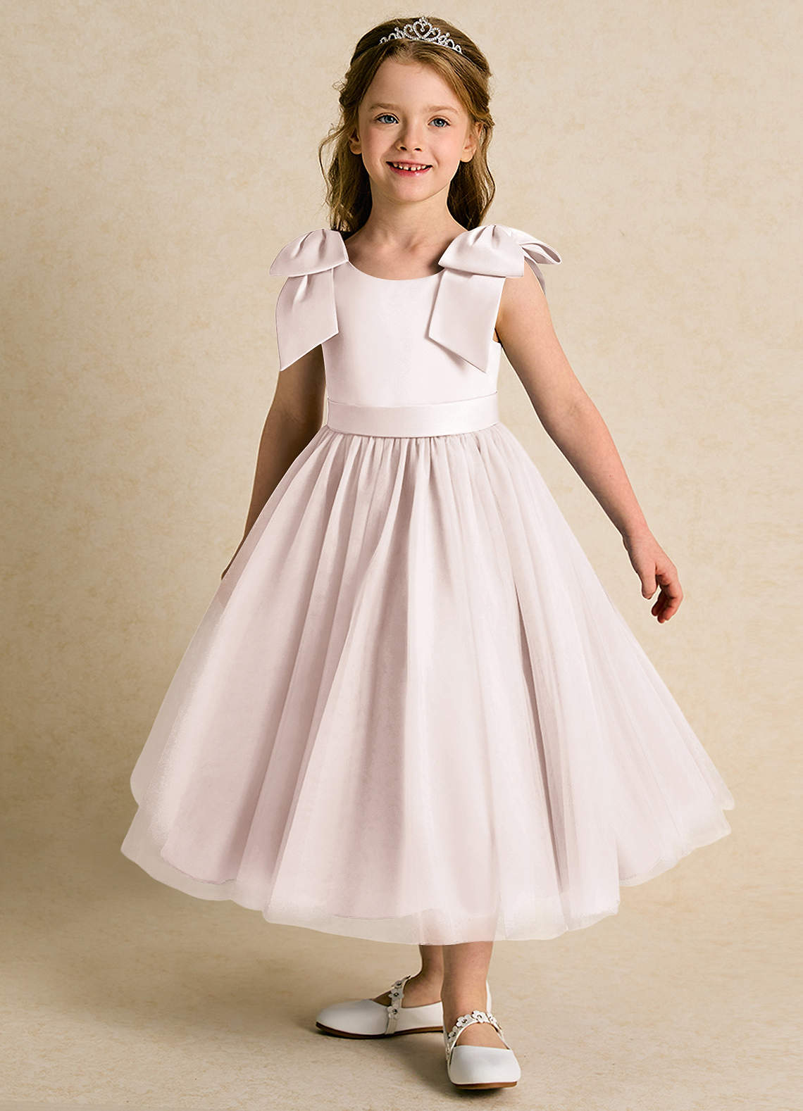 Azazie Serene Flower Girl Dresses Rose Petal Ball-Gown Bow Matte Satin Dress image1