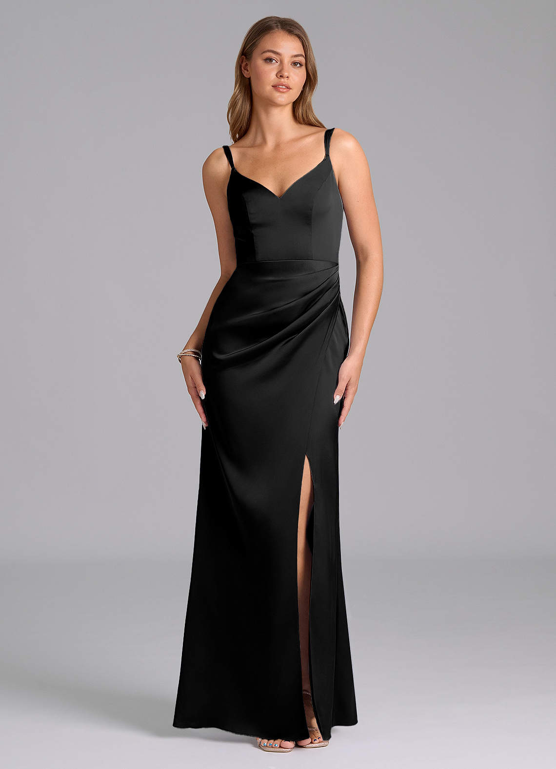 Azazie Leo At-home Try On Dresses Black Sheath Pleated Stretch Satin Dress image1