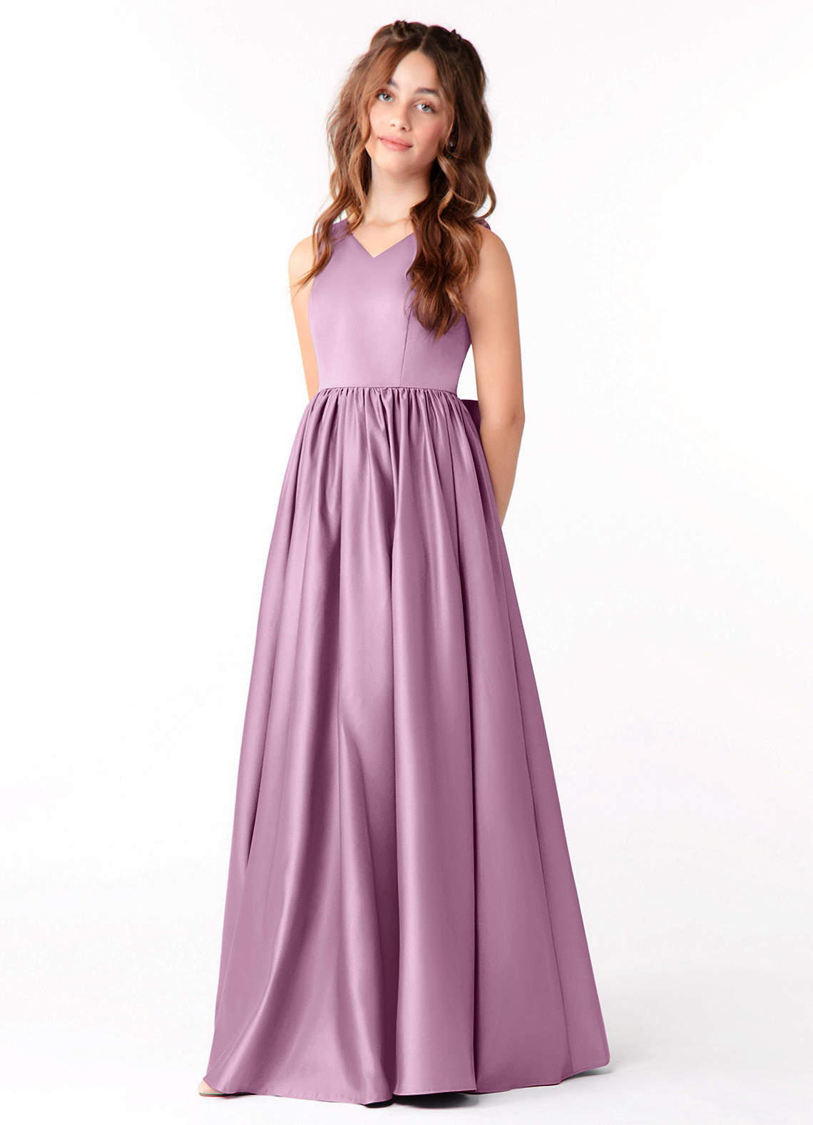 Azazie Hathaway Junior Wisteria A-Line Bow Stretch Satin Dress image2