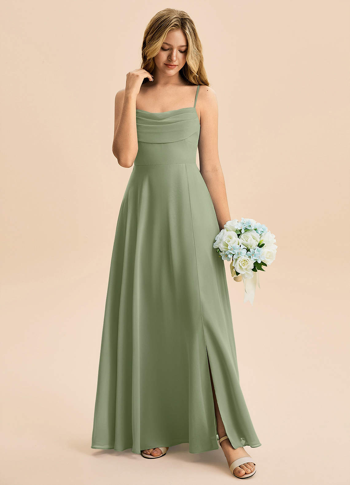 Azazie Bear Junior Pistachio A-Line Pleated Chiffon Dress image2