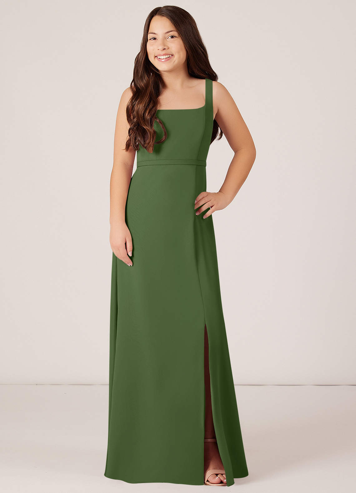 Azazie Renee Junior Olive A-Line Side Slit Chiffon Dress image1
